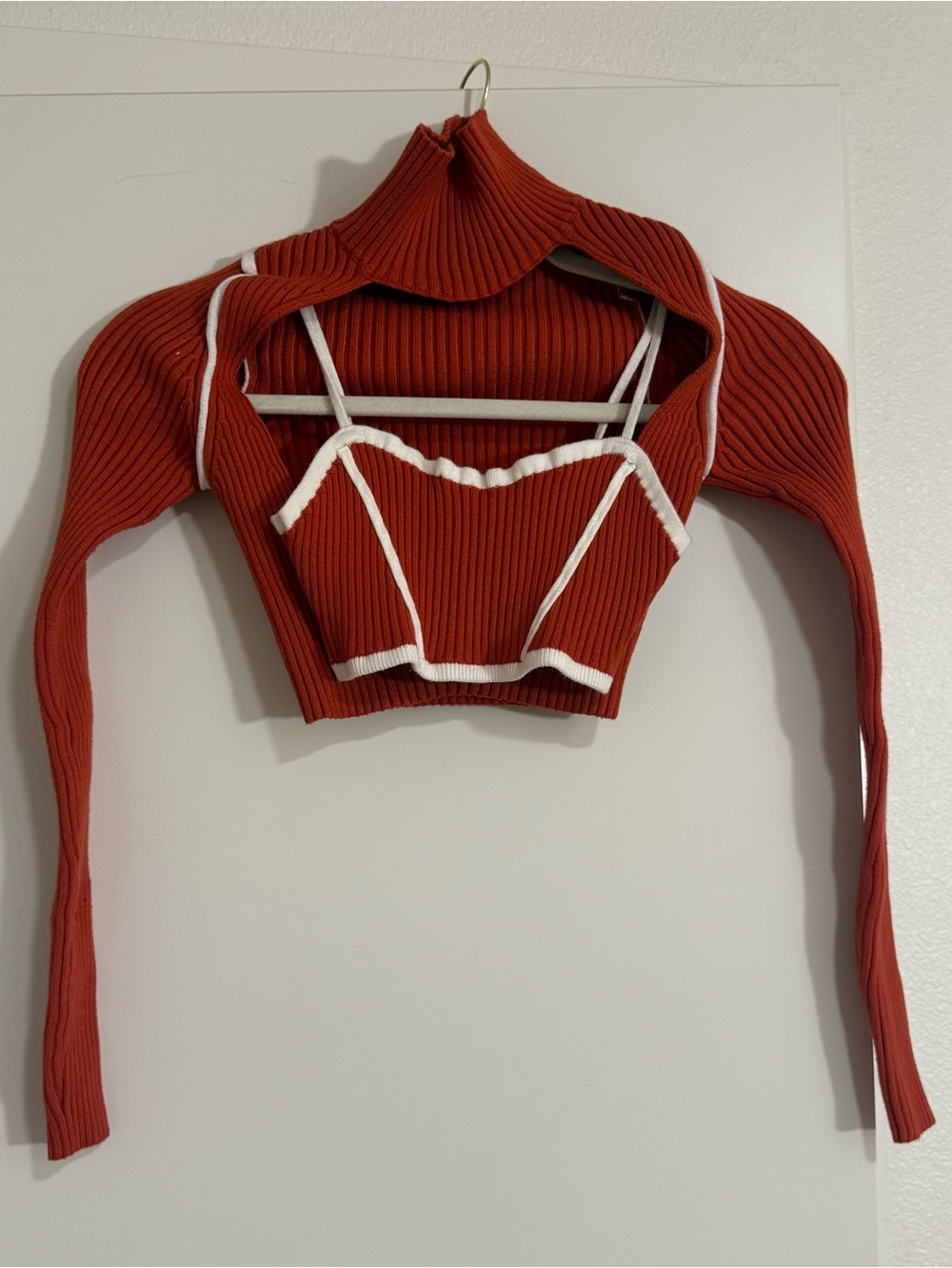 PLT Rust Red Ribbed Two-Piece Cropped Top with White Trim-XS